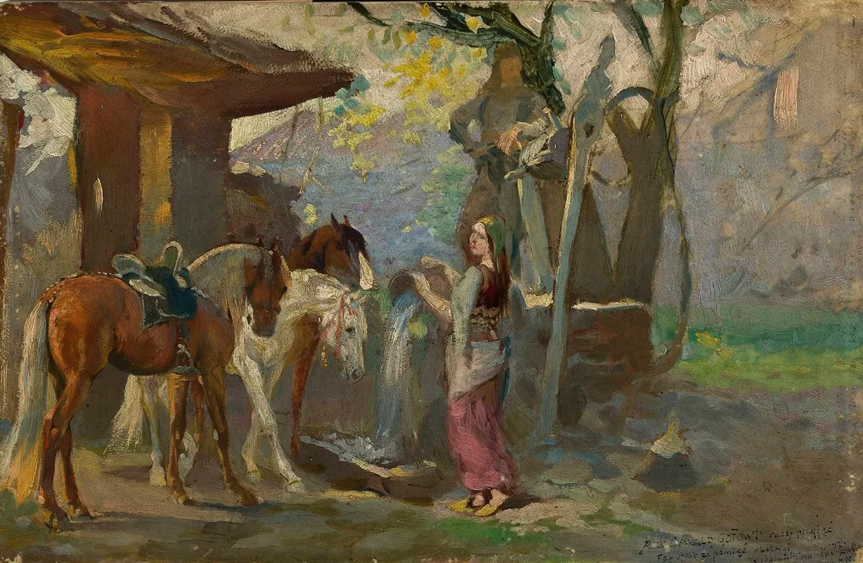 Horses At The Waterhole Sketch Wall Art by Wacław Pawliszak - High-Resolution Digital Print
