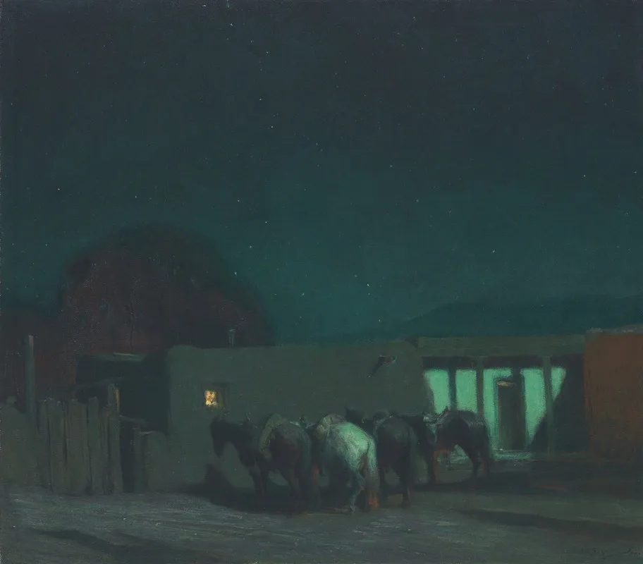 Horses By Adobe Building Moonlight