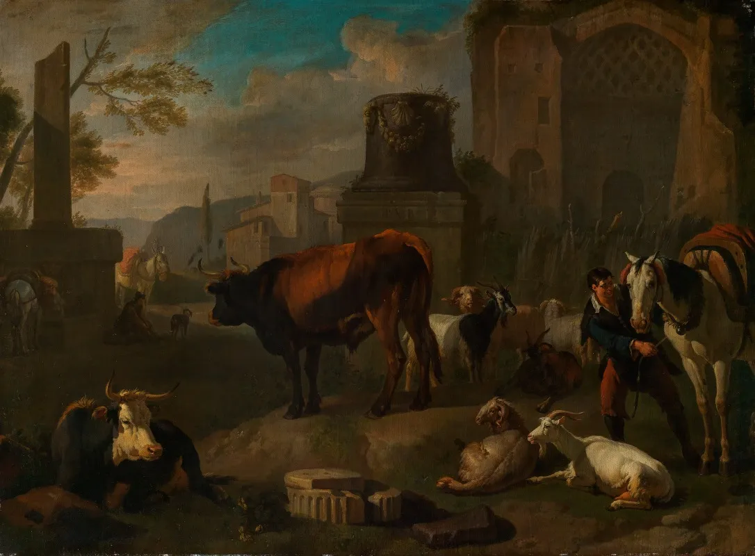 Horses Cattle Sheep And Goats Among Roman Ruins Wall Art by Pieter van Bloemen - High-Resolution Digital Print