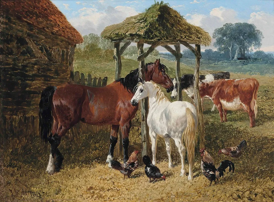 Horses Cows And Chickens In A Farmyard Wall Art by John Frederick Herring Jr. - High-Resolution Digital Print