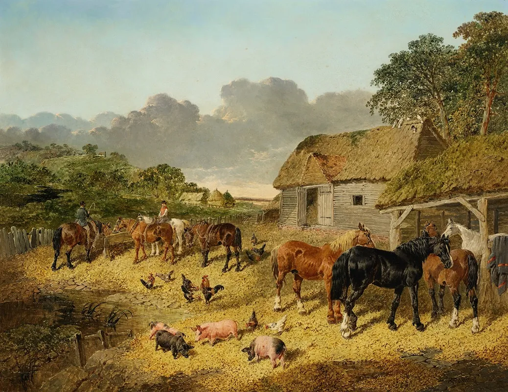 Horses Drinking From A Water Trough With Pigs And Chickens In A Farmyard Wall Art by John Frederick Herring Jr. - High-Resolution Digital Print