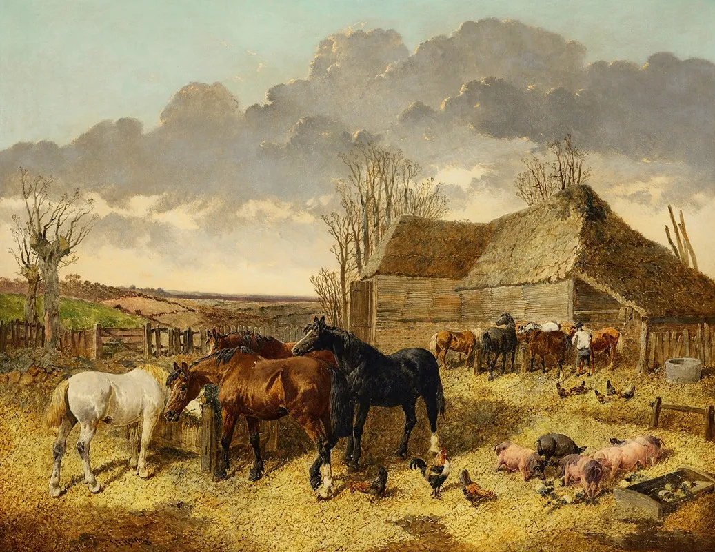 Horses Eating From A Manger With Pigs And Chickens In A Farmyard Wall Art by John Frederick Herring Jr. - High-Resolution Digital Print