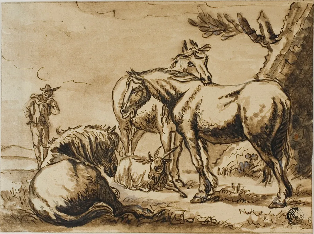 Horses Goat And A Man Wall Art by Dirck Stoop - High-Resolution Digital Print