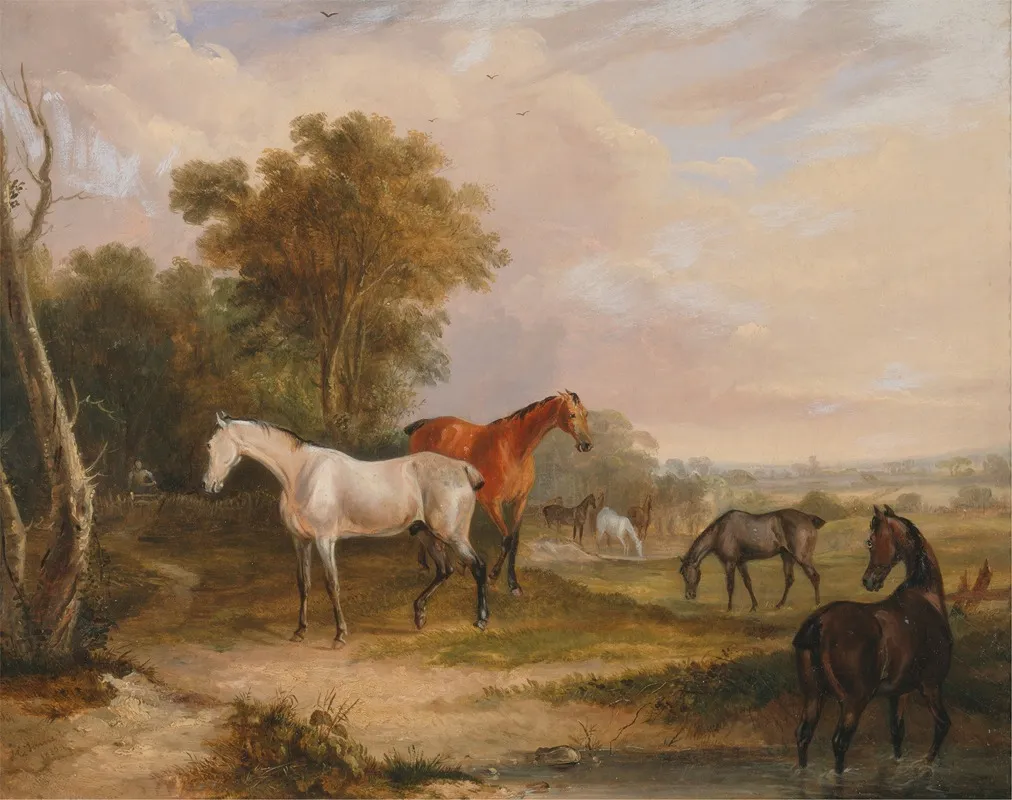 Horses Grazing A Grey Stallion Grazing With Mares In A Meadow Wall Art by Francis Calcraft Turner - High-Resolution Digital Print