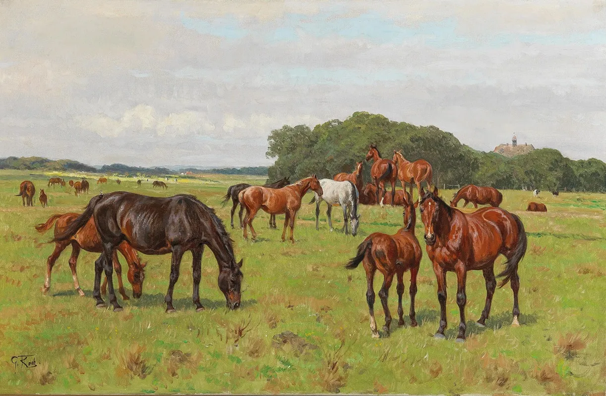 Horses In A Meadow 2 Wall Art by Georg Carl Koch - High-Resolution Digital Print