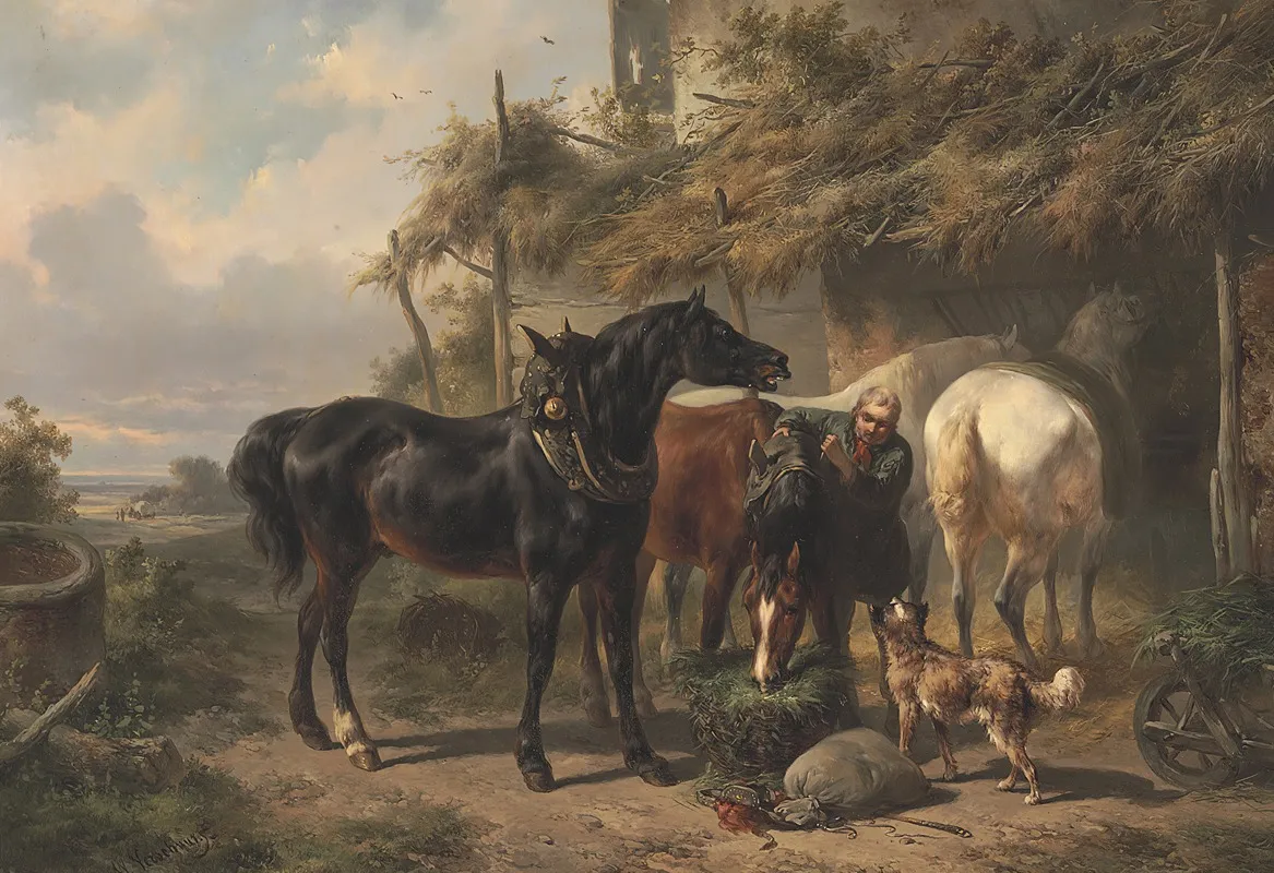 Horses Outside A Stable Wall Art by Wouterus Verschuur - High-Resolution Digital Print