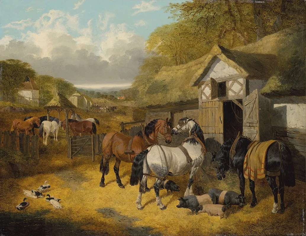 Horses Pigs And Ducks In A Farmyard Wall Art by John Frederick Herring Jr. - High-Resolution Digital Print