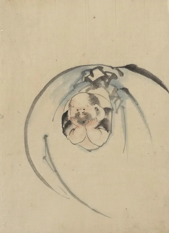 Hotei The God Of Good Fortune One Of The Seven Lucky Gods Facing Front With His Head Resting On His Hands Wall Art by Katsushika Hokusai - High-Resolution Digital Print
