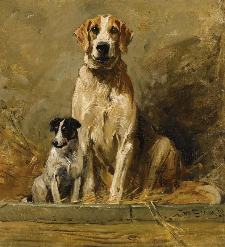 Hound And Terrier In A Kennel Wall Art by John Emms - High-Resolution Digital Print