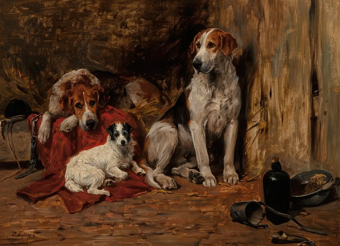 Hounds And A Jack Russell In A Stable Wall Art by John Emms - High-Resolution Digital Print