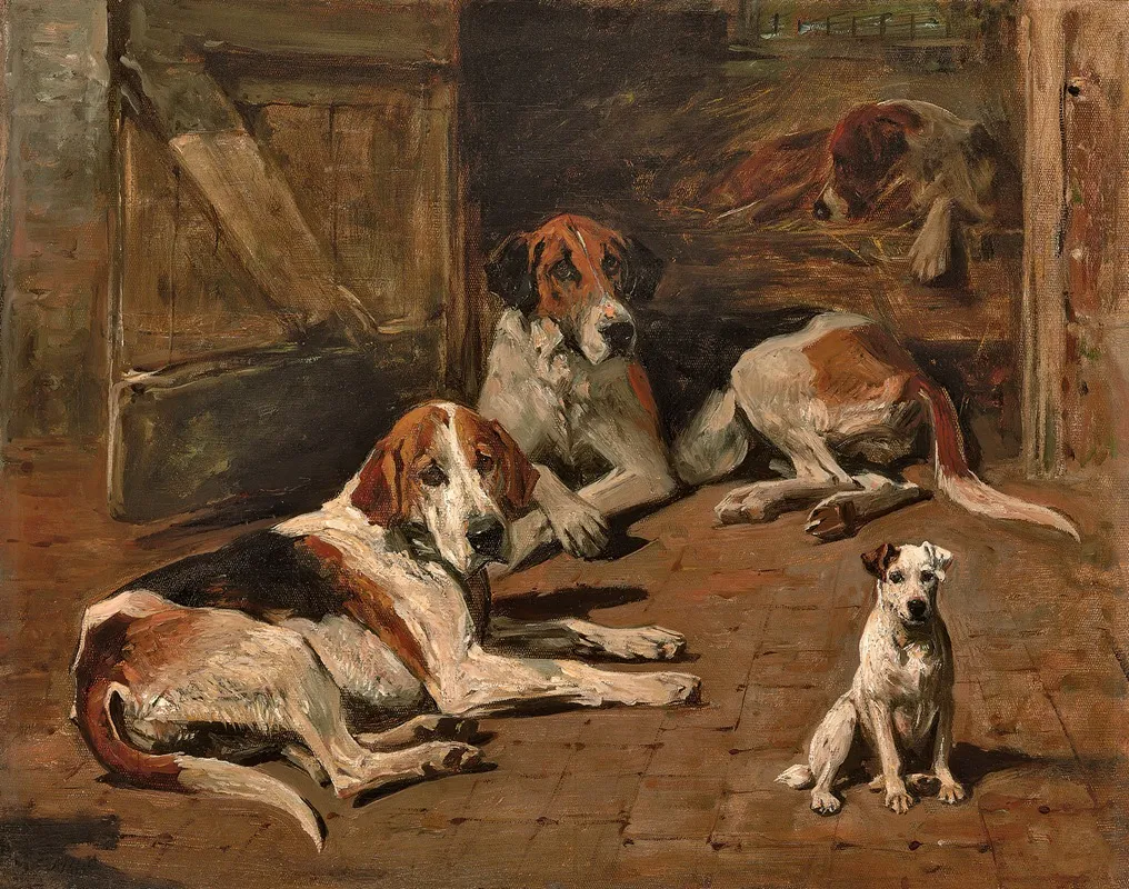 Hounds And A Terrier In A Stable Wall Art by John Emms - High-Resolution Digital Print