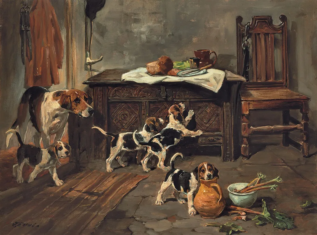 Hounds And Puppies In An Interior Wall Art by John Emms - High-Resolution Digital Print