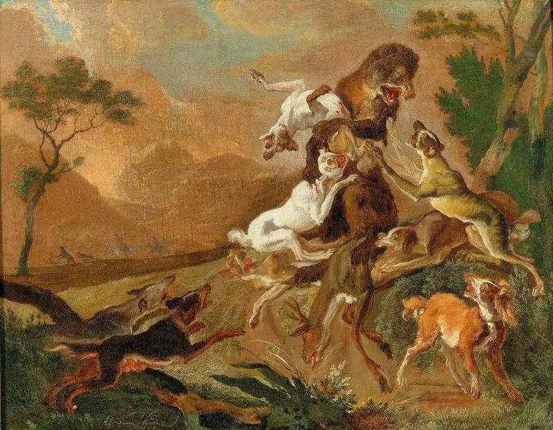 Hounds Attacking A Bear Wall Art by Abraham Hondius - High-Resolution Digital Print