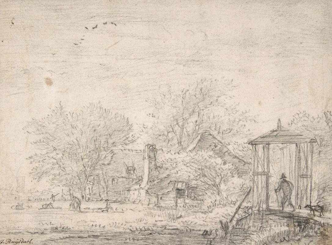 House Among Trees At Right Man And Dog On A Footbridge