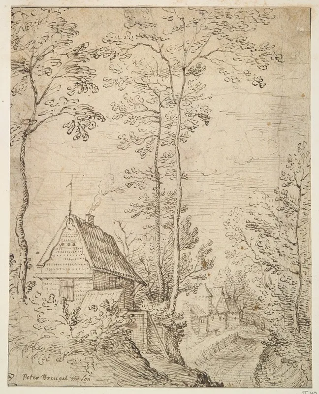 House On A Hill With Road To Right Wall Art by School of Pieter Brueghel the Elder - High-Resolution Digital Print