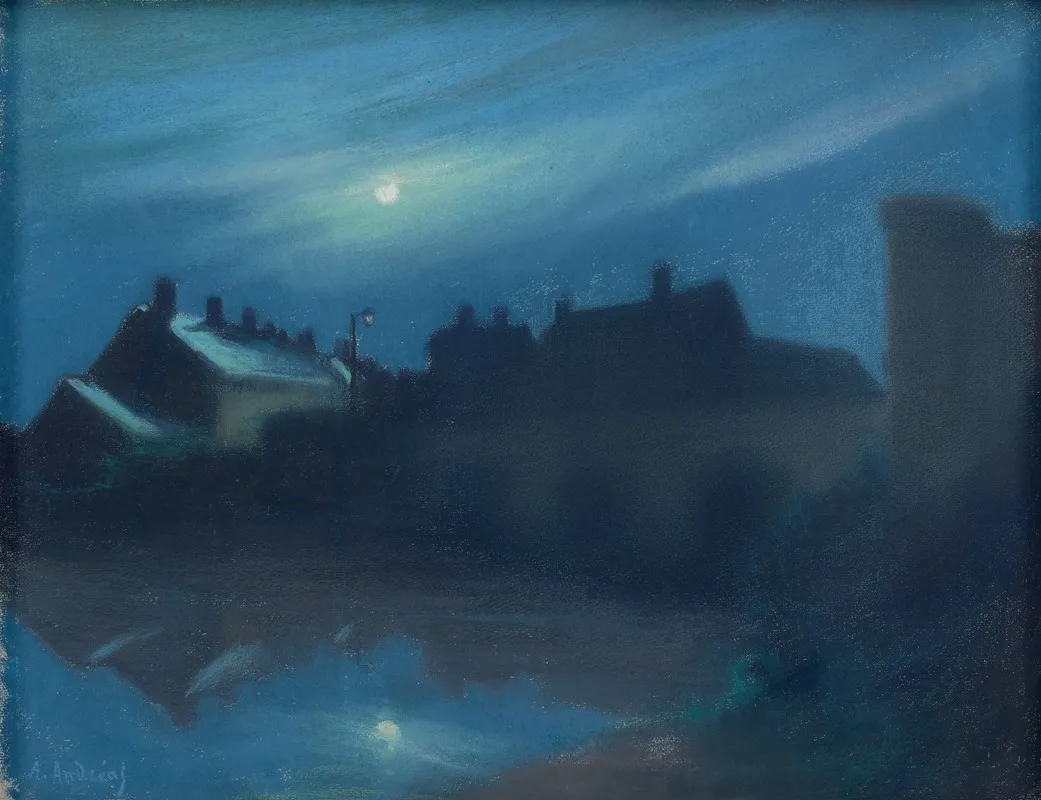 Houses In The Moonlight Maisons Au Clair De Lune Wall Art by Ernest-André Andreas - High-Resolution Digital Print