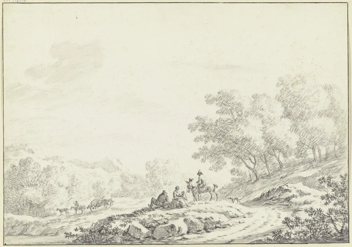 Hugelige Bewaldete Landschaft Im Vordergrund Neben Einem Weg Eine Gruppe Von Ruhenden Landleuten Mit Einem Reiter Und Einem Hund Im Mittelgrund Ein Bespannter Heuwagen Wall Art by Johann Christoph Dietzsch - High-Resolution Digital Print