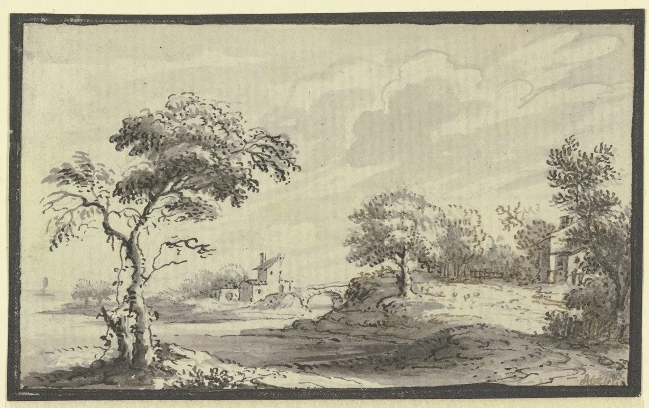 Hugelige Landschaft Mit Flus Baumen Und Hausern