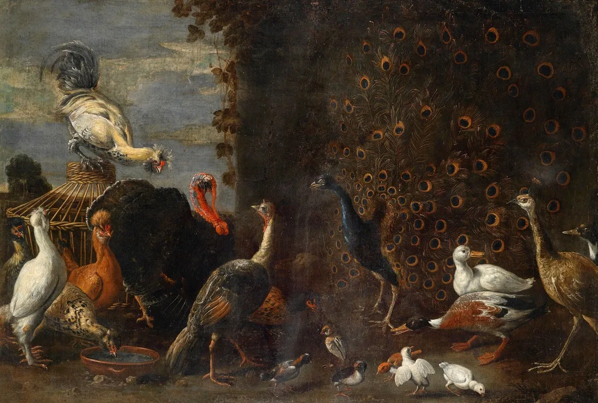 Huhnerhof Mit Pfau Truthahn Und Enten Wall Art by Adriaen van Utrecht (circle) - High-Resolution Digital Print