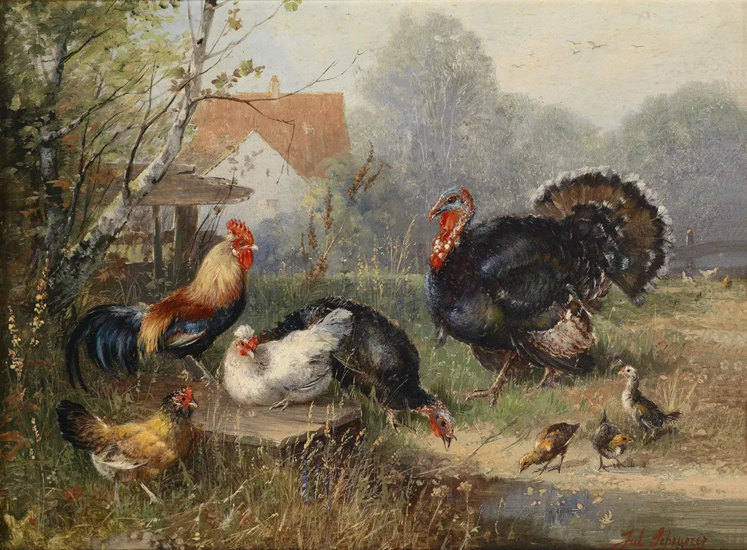 Huhnervolk Und Ein Truthahn Wall Art by Julius Scheuerer - High-Resolution Digital Print