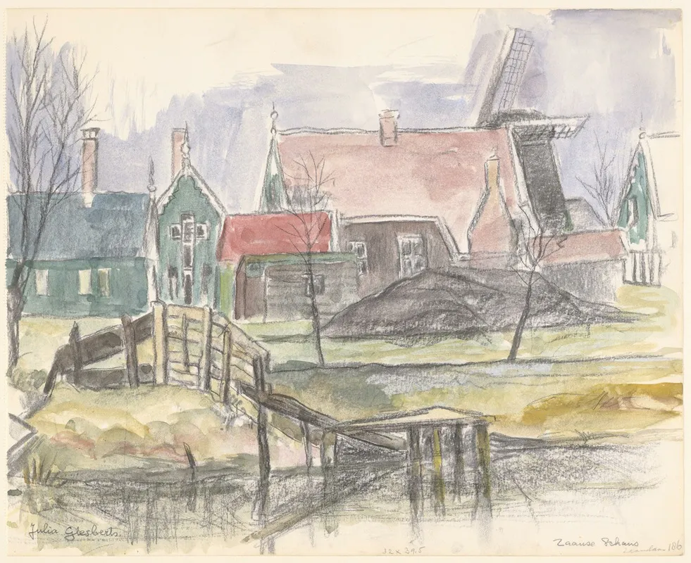 Huizen Aan De Zaanse Schans Rechts Op De Achtergrond Een Molen Wall Art by Julia Giesberts - High-Resolution Digital Print