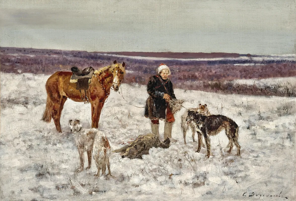 Hunter With A Slain Wolf In A Vast Winter Landscape Wall Art by Sergei Semenovich Voroshilov - High-Resolution Digital Print