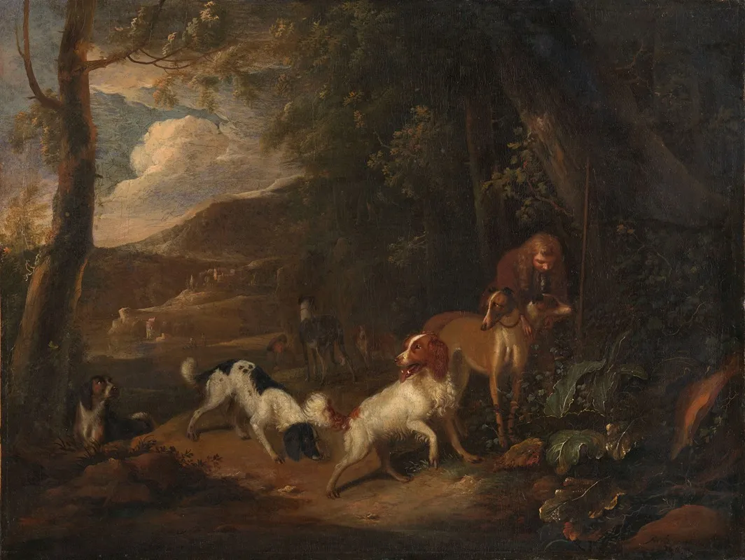 Hunter With Hounds At The Edge Of A Wood Wall Art by Adriaen Cornelisz Beeldemaker - High-Resolution Digital Print