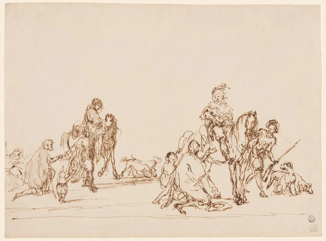 Hunters Giving Alms To Beggars Wall Art by Carel van Falens - High-Resolution Digital Print
