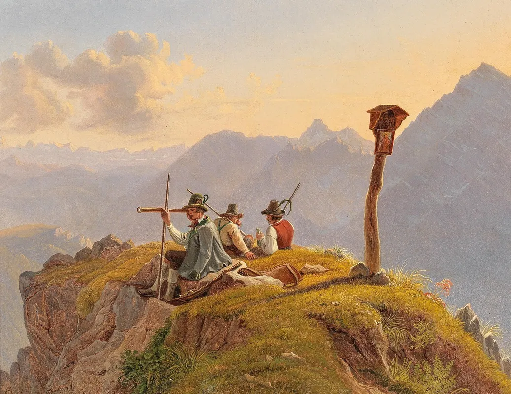 Hunters Resting At The Summit Scene In The Salzkammergut Wall Art by Gustav Reinhold - High-Resolution Digital Print