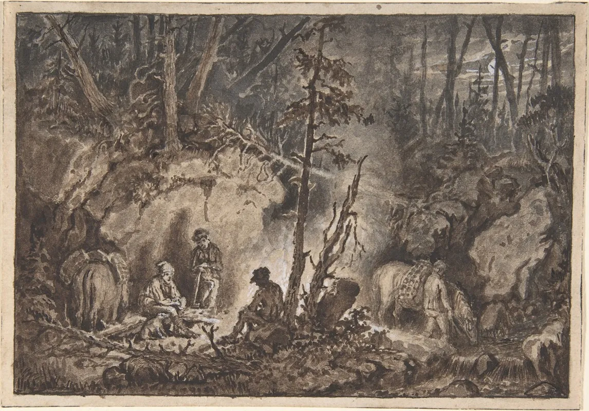 Hunters Resting In A Forest At Night Wall Art by Kilian Zoll - High-Resolution Digital Print