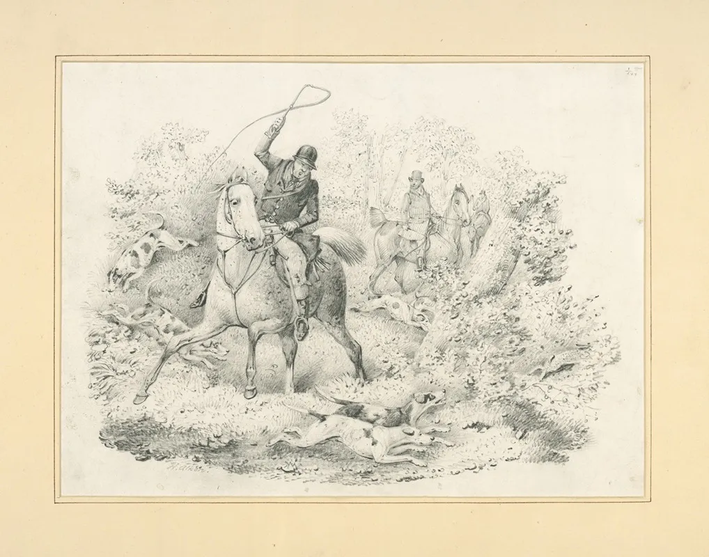 Hunters Riders One Brandishing A Whip And Hounds Chasing A Rabbit