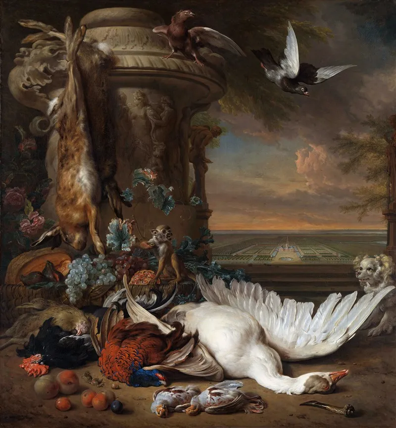 Hunting And Fruit Still Life Next To A Garden Vase With A Monkey Dog And Two Doves Wall Art by Jan Weenix - High-Resolution Digital Print