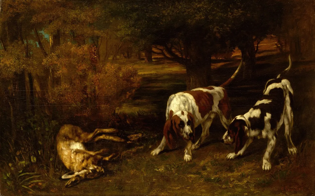 Hunting Dogs With Dead Hare Wall Art by Gustave Courbet - High-Resolution Digital Print