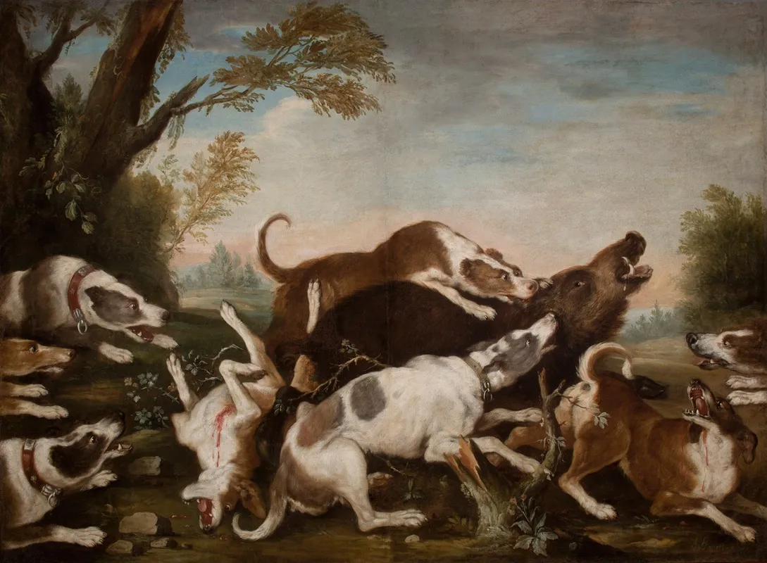 Hunting Scene Dogs Attacking Wild Boar Wall Art by Joseph Anton Harzath - High-Resolution Digital Print