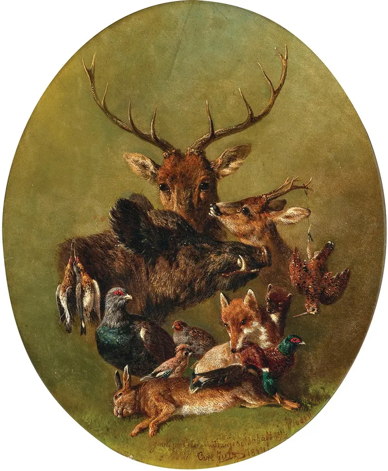 Hunting Still Life With Stag Wild Boar Fox Hare Sparrowhawk And Pheasant Wall Art by Carl Jutz - High-Resolution Digital Print