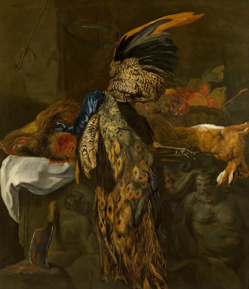 Hunting Trophy With Dead Peacock And Boars Head Wall Art by Joannes Fijt - High-Resolution Digital Print