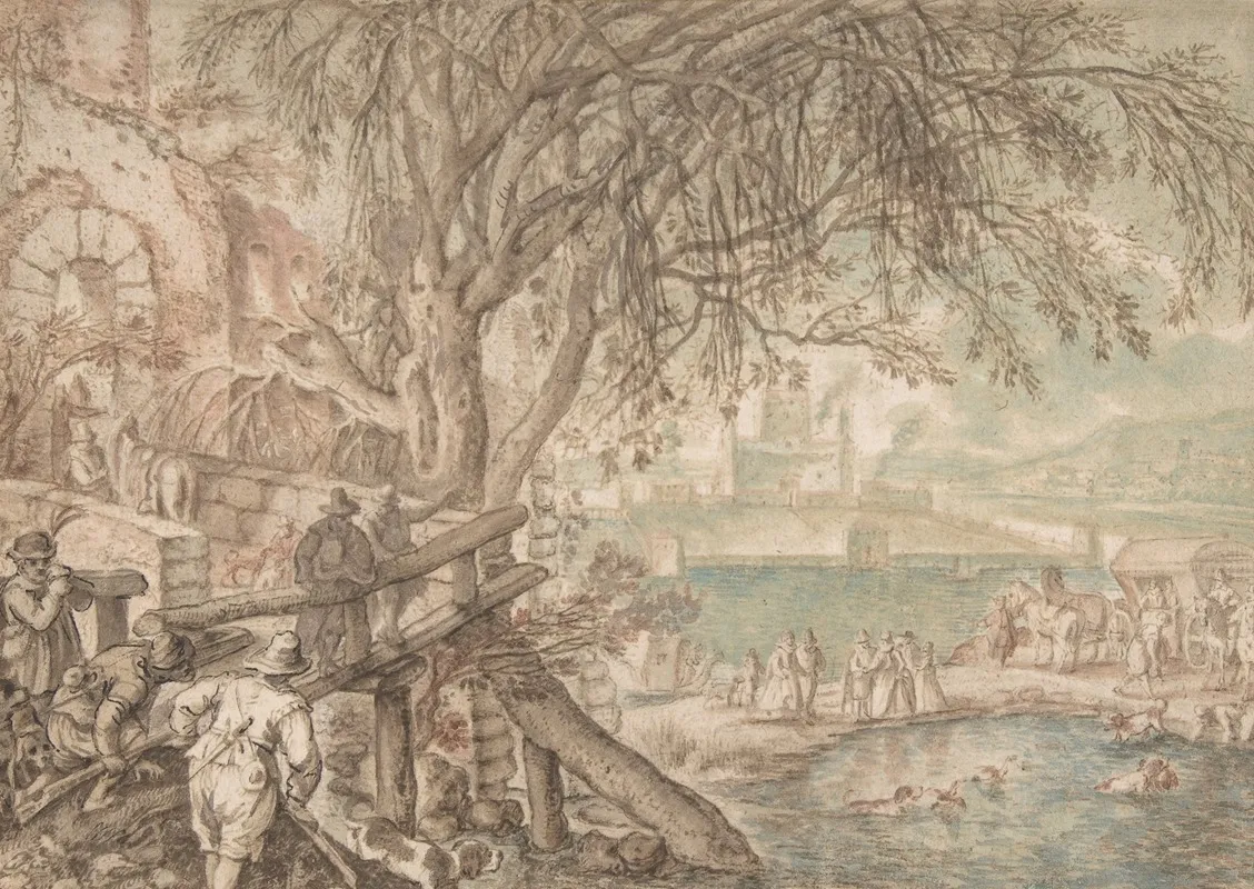 Huntsmen And Company Observing Dogs Retrieving Ducks In A Pond The Month Of April