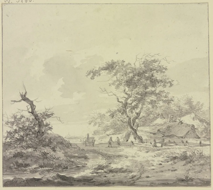 Hutten Bei Zwei Grosen Baumen Auf Dem Weg Ein Wagen Und Zwei Manner Am Zaun Wall Art by Hermanus van Brussel - High-Resolution Digital Print