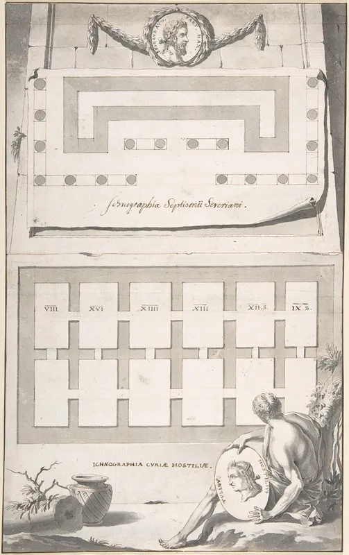 Ichnographia Or Groundplan Of The Arch Of Septimius Severus Above And The Curia Hostilia Below Wall Art by Jan Goeree - High-Resolution Digital Print