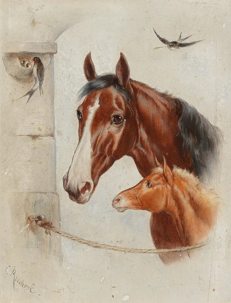 Idyllic Stable Scene Wall Art by Carl Reichert - High-Resolution Digital Print