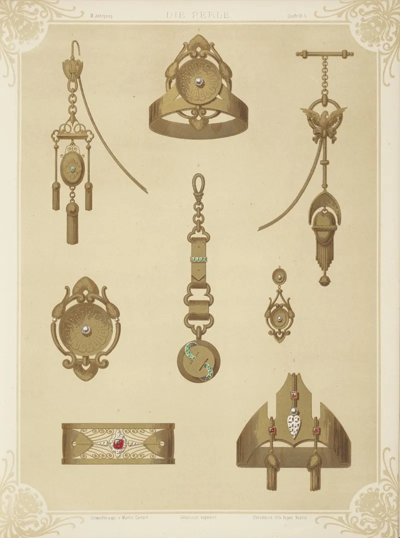 Ii Jahrgang Liefr Ii 4 Eight Designs For Jewelry Including Gold Pieces With Green Stones And Pearls