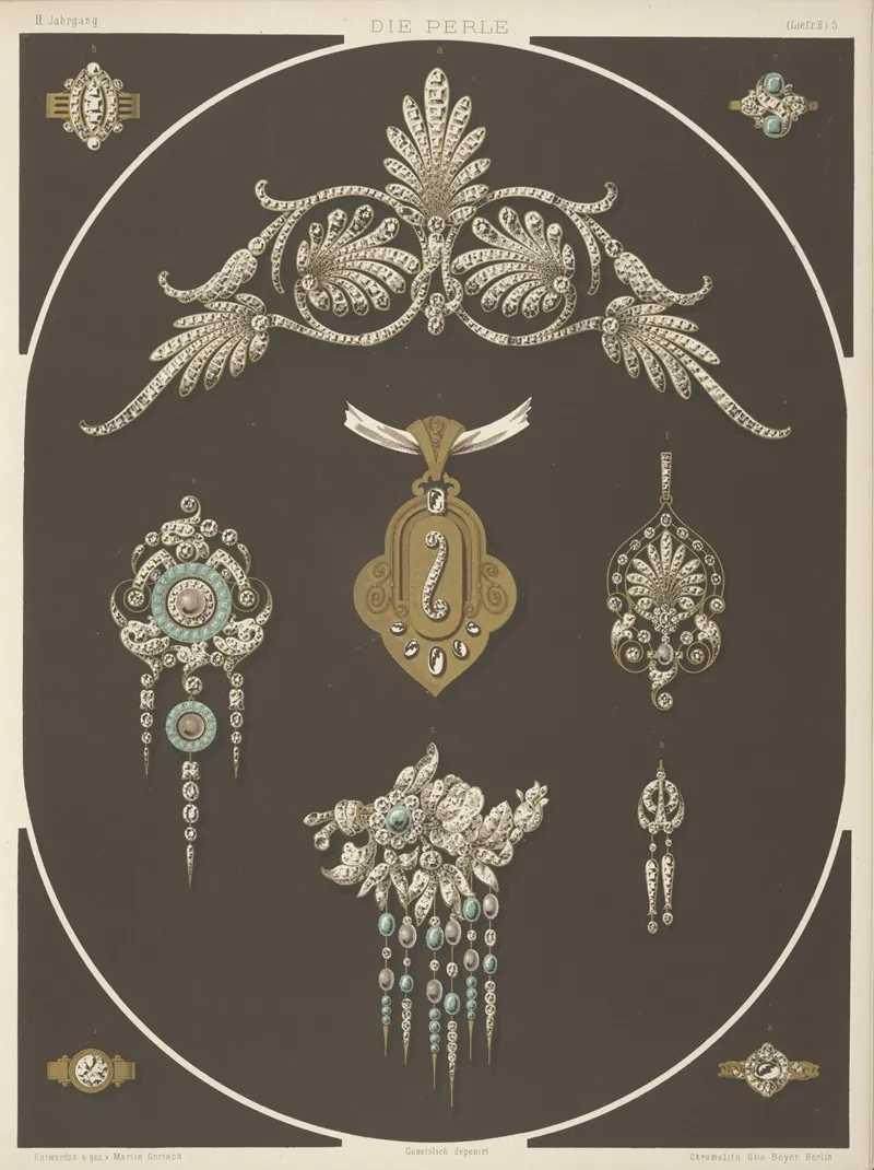 Ii Jahrgang Liefr Ii 5 Ten Designs For Jewelry Including Pieces With Diamonds Gold And Green Stones