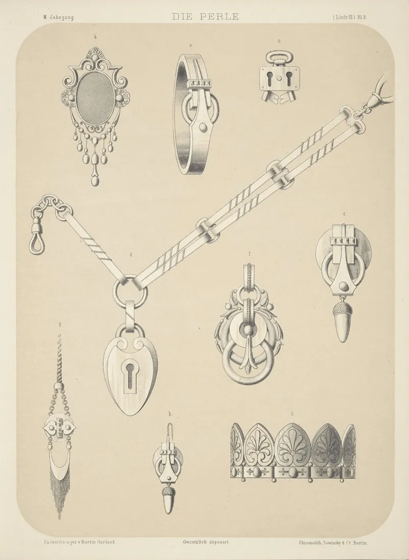 Ii Jahrgang Liefr Iii Bl 9 Nine Designs For Jewelry Including Necklace With Pendant In Shape Of Lock