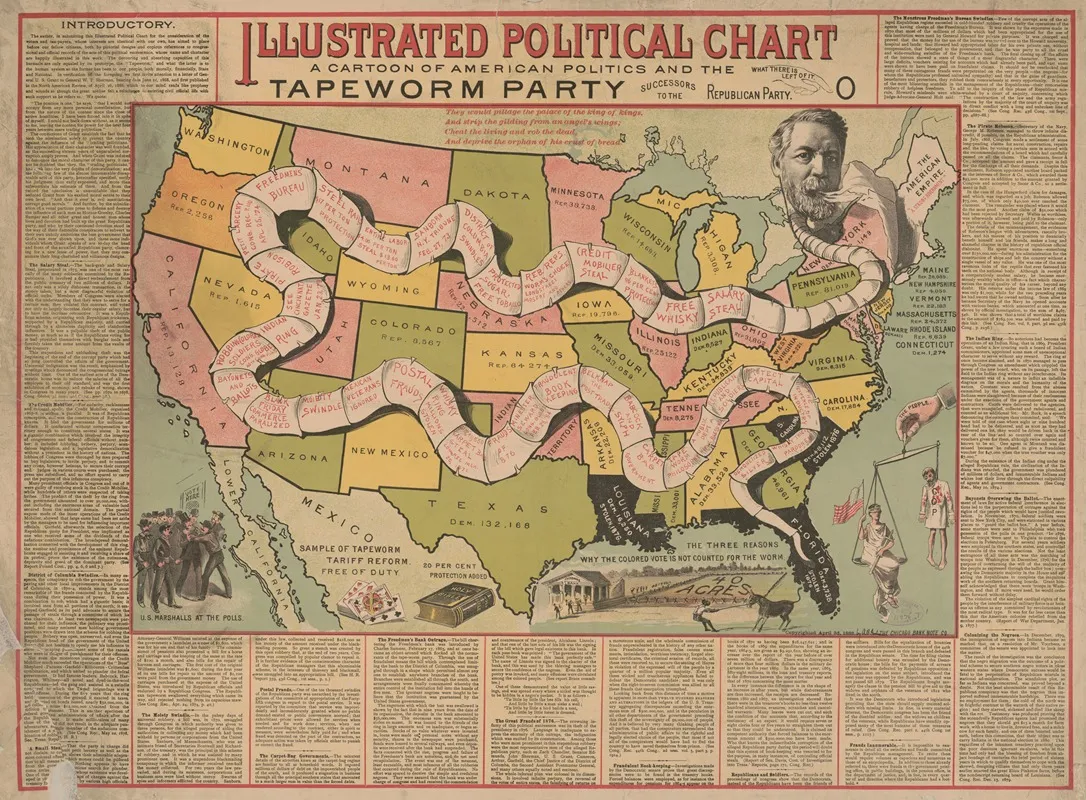 Illustrated Political Chart A Cartoon Of American Politics And The Tapeworm Party Wall Art by Chicago Bank Note Co. - High-Resolution Digital Print