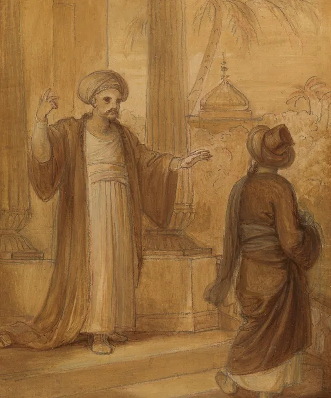 Illustration For An Eastern Romance Possibly The Arabian Nights With Two Male Figures Standing