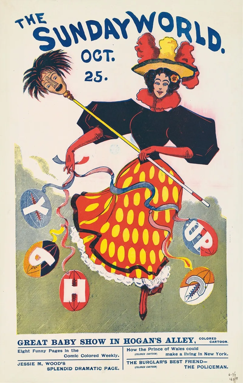 Illustration Of A Woman In A Colorful Dress And Hat Dancing Among Footballs Wall Art by Anonymous - High-Resolution Digital Print