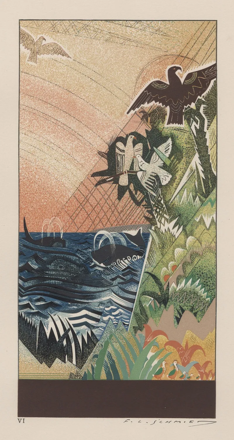 Illustration Of Ocean And Land Scene With Birds And Whales