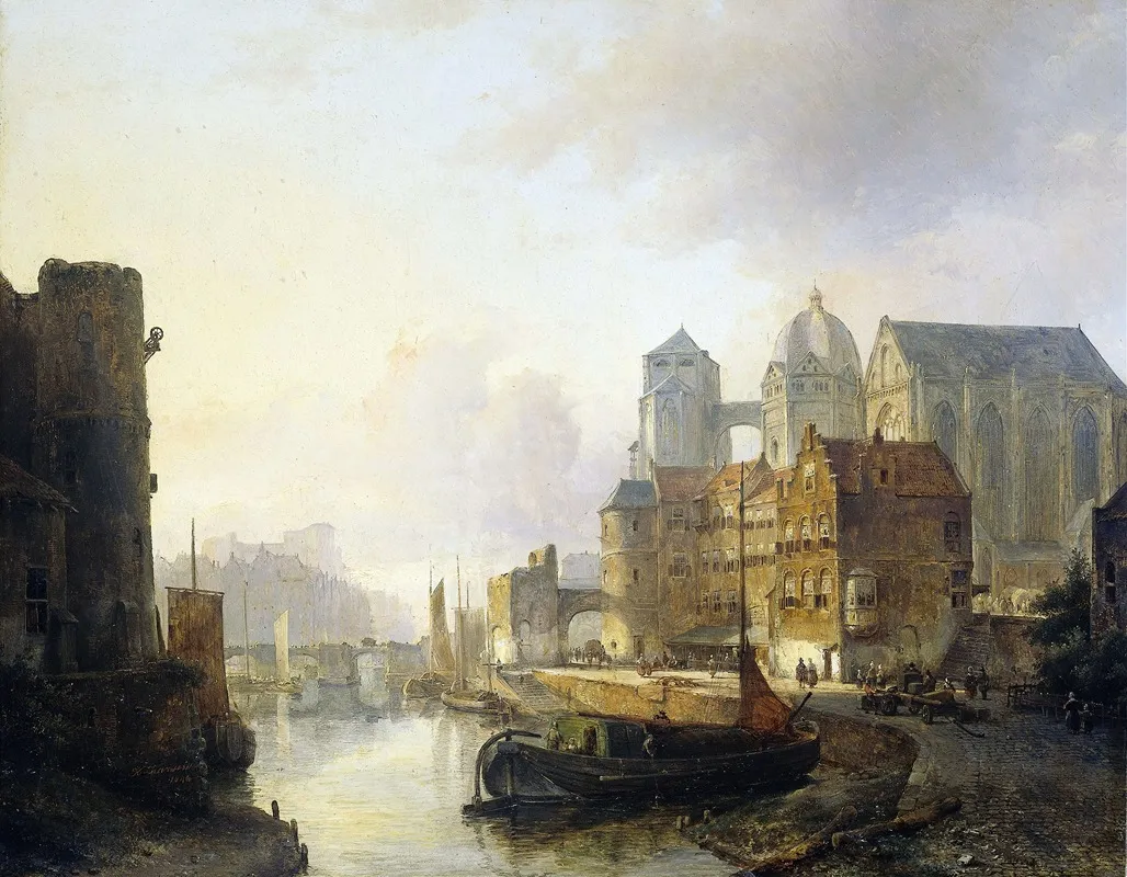 Imaginary View Of A Riverside Town With Aachen Cathedral Wall Art by Kasparus Karsen - High-Resolution Digital Print