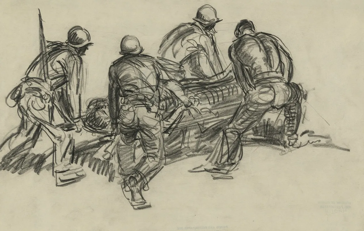 Impression Litter Bearers Mt Aestin I E Mt Austen Front Guadalcanal Wall Art by Howard Brodie - High-Resolution Digital Print