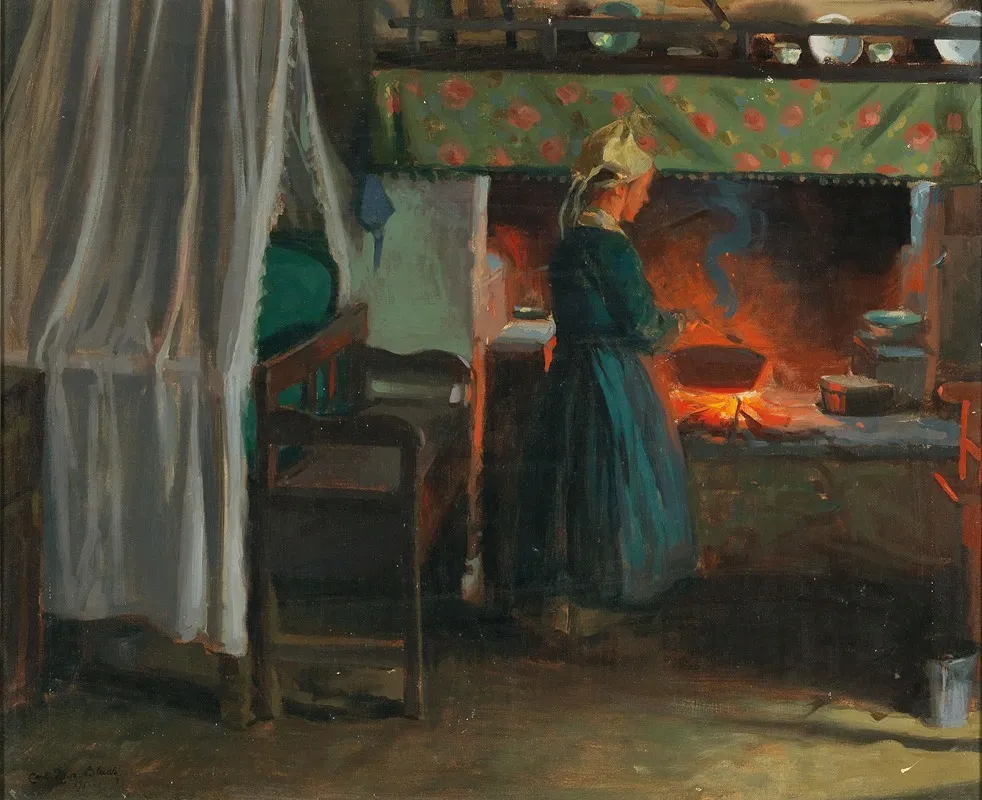 In A Dutch Farmhouse Kitchen Wall Art by Carl Theodor von Blaas - High-Resolution Digital Print
